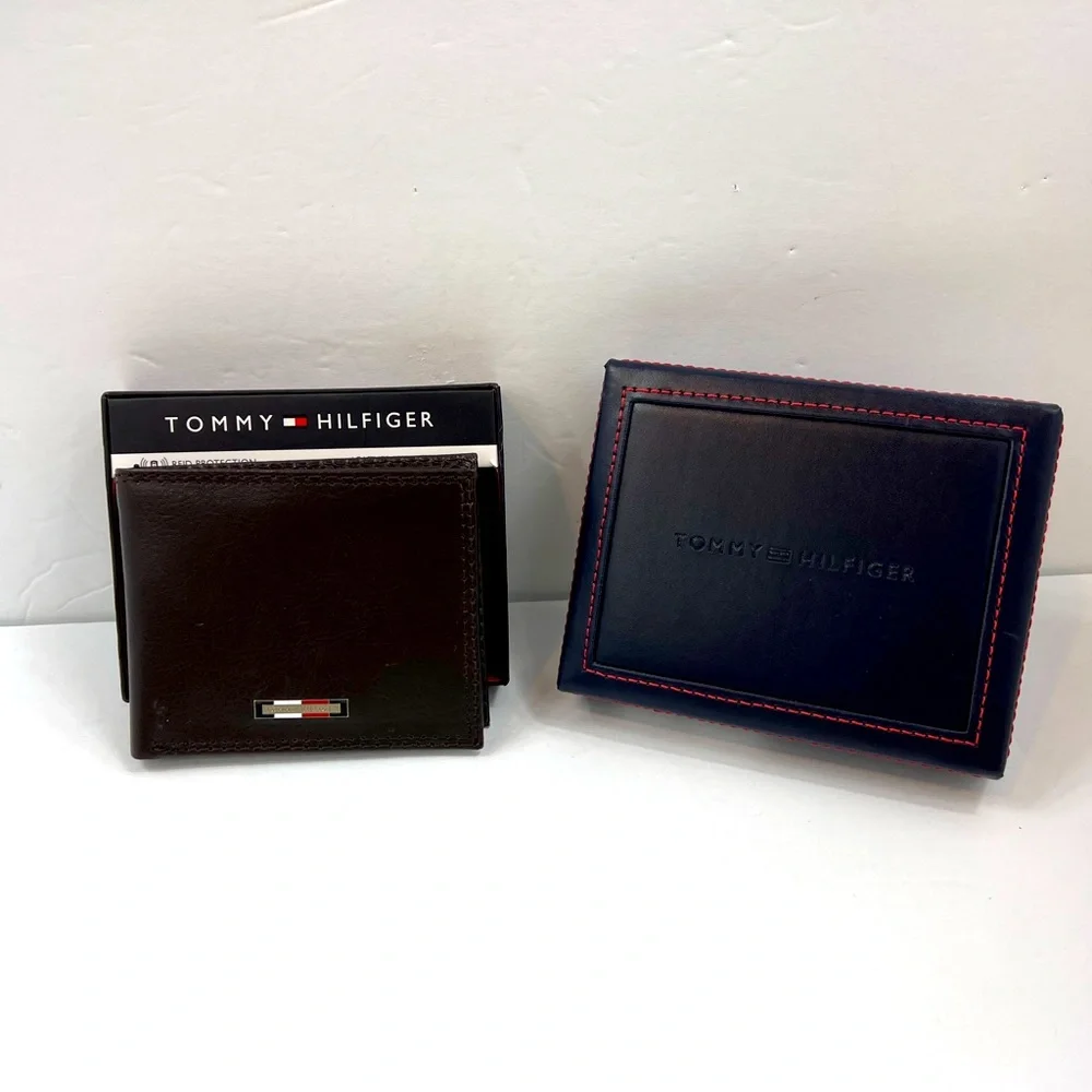 ⭐️TOMMY HILFIGER💯 MENS WALLET DOUBLE FOLD, DARK BROWN, GENUINE LEATHER